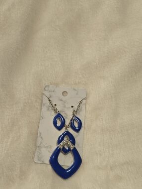 Silver Chain Necklace with Earrings Bold Blue Geometric Jewelry Set